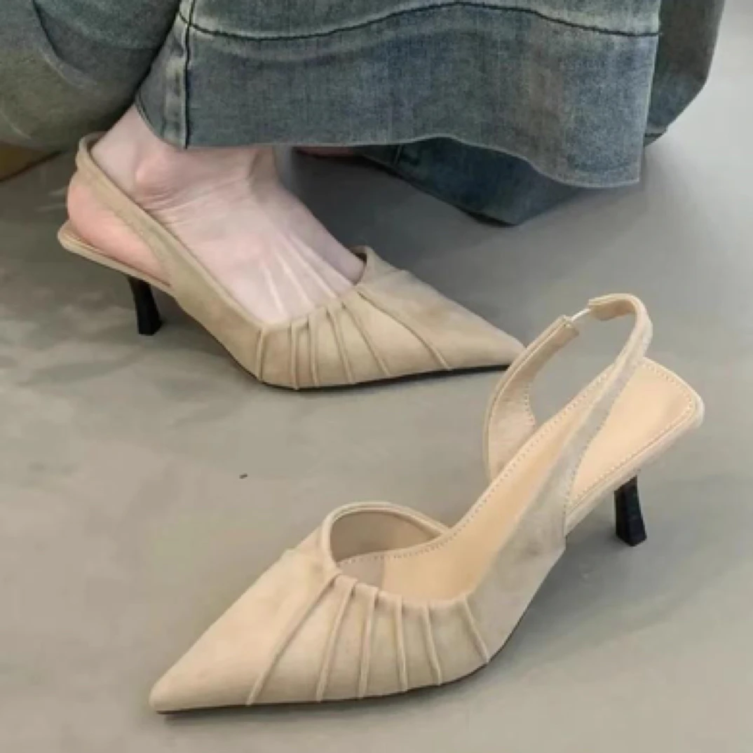 MDH-79-7小香风侧空褶皱细跟高跟鞋2025年尖头气质包头后空凉鞋
