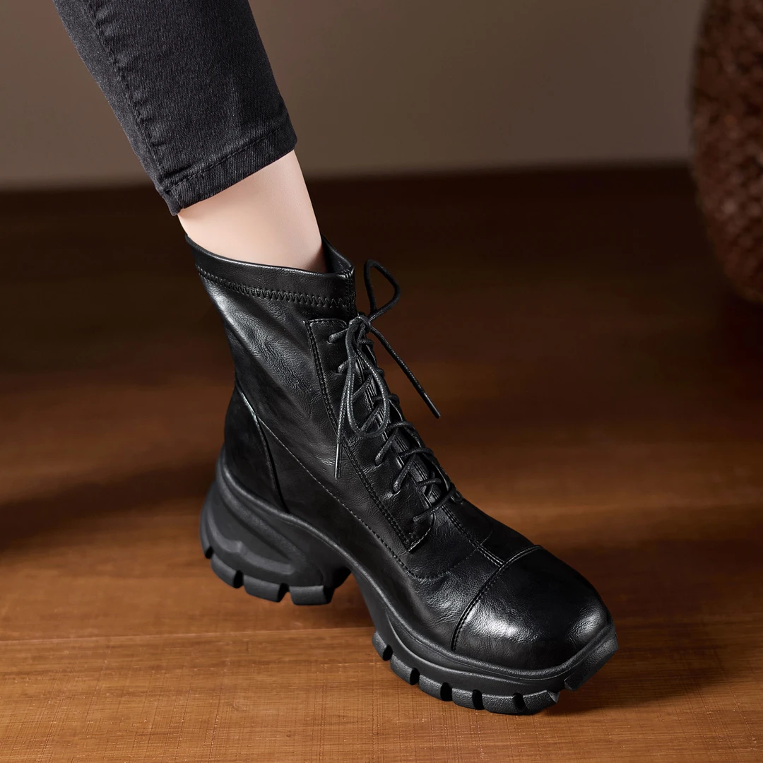 6.5cm小众设计厚底马丁靴休闲系带机车靴后拉链瘦瘦弹力靴短靴子