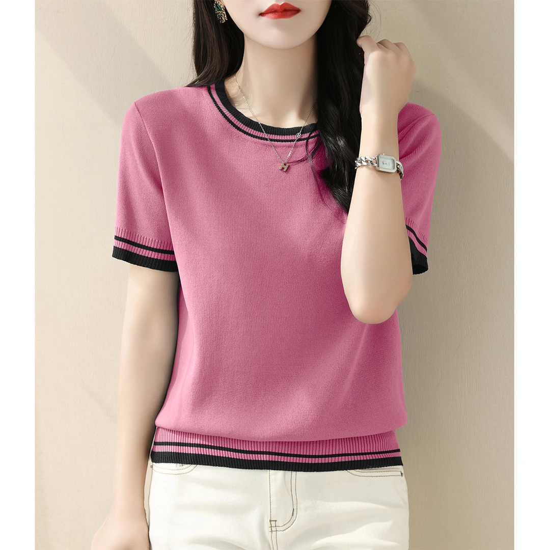 2025夏季新款女装玫红色气质宽松显瘦短袖针织衫拼色圆领T恤上衣