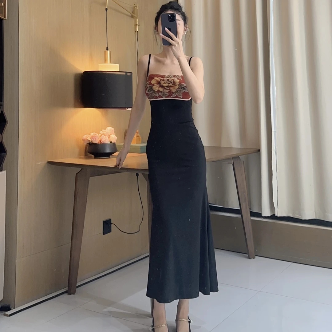 气质女人味轻奢定位花拼接夕阳岁月包身显瘦性感鱼尾连衣裙