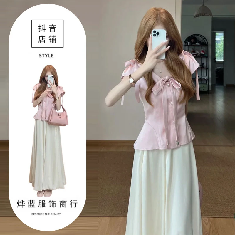 韩系学院风蝴蝶结设计感短款修身衬衫绝美小衫搭配半身裙两件套装