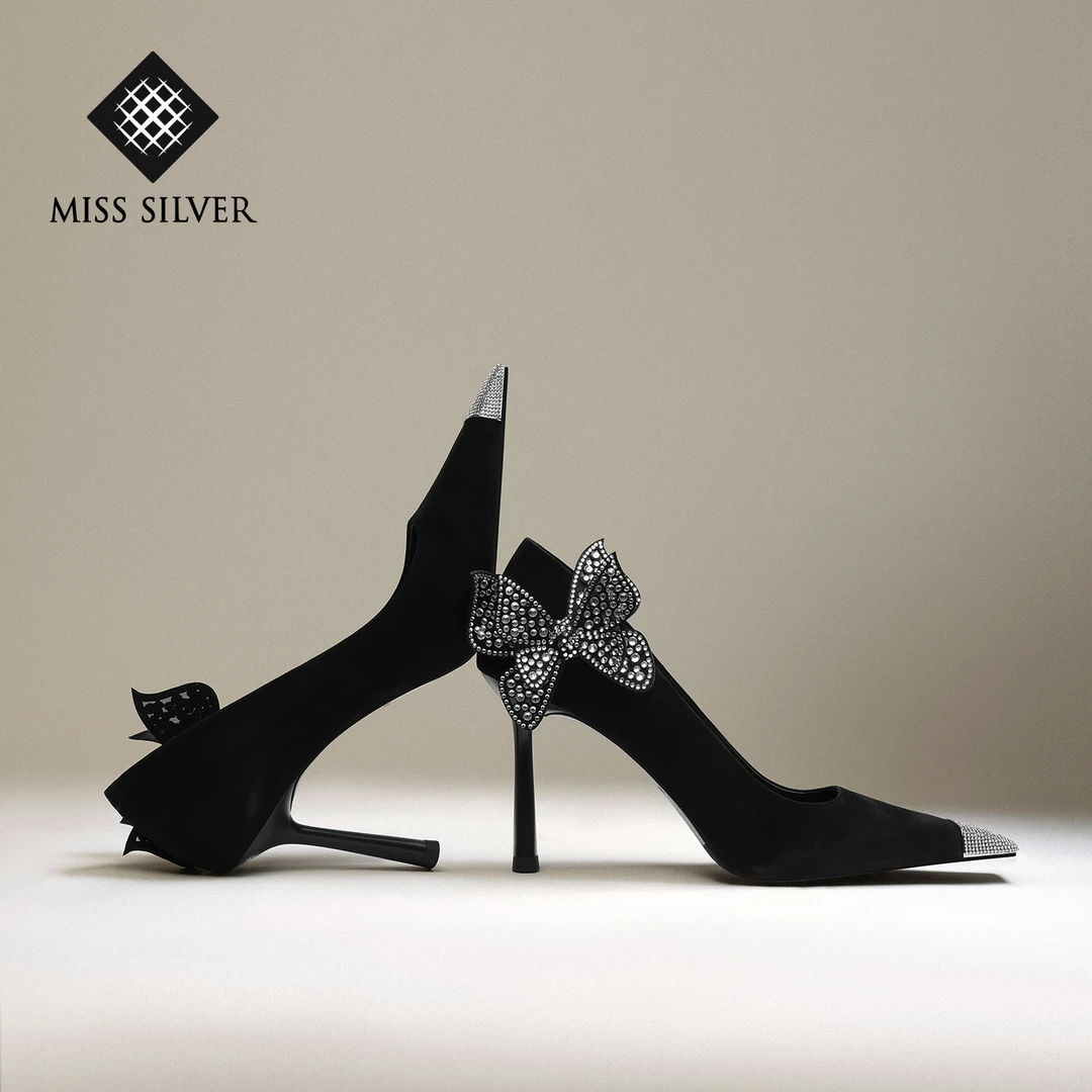 MISSSILVER细跟高跟鞋女2025春季新款性感方头浅口时尚蝴蝶单鞋