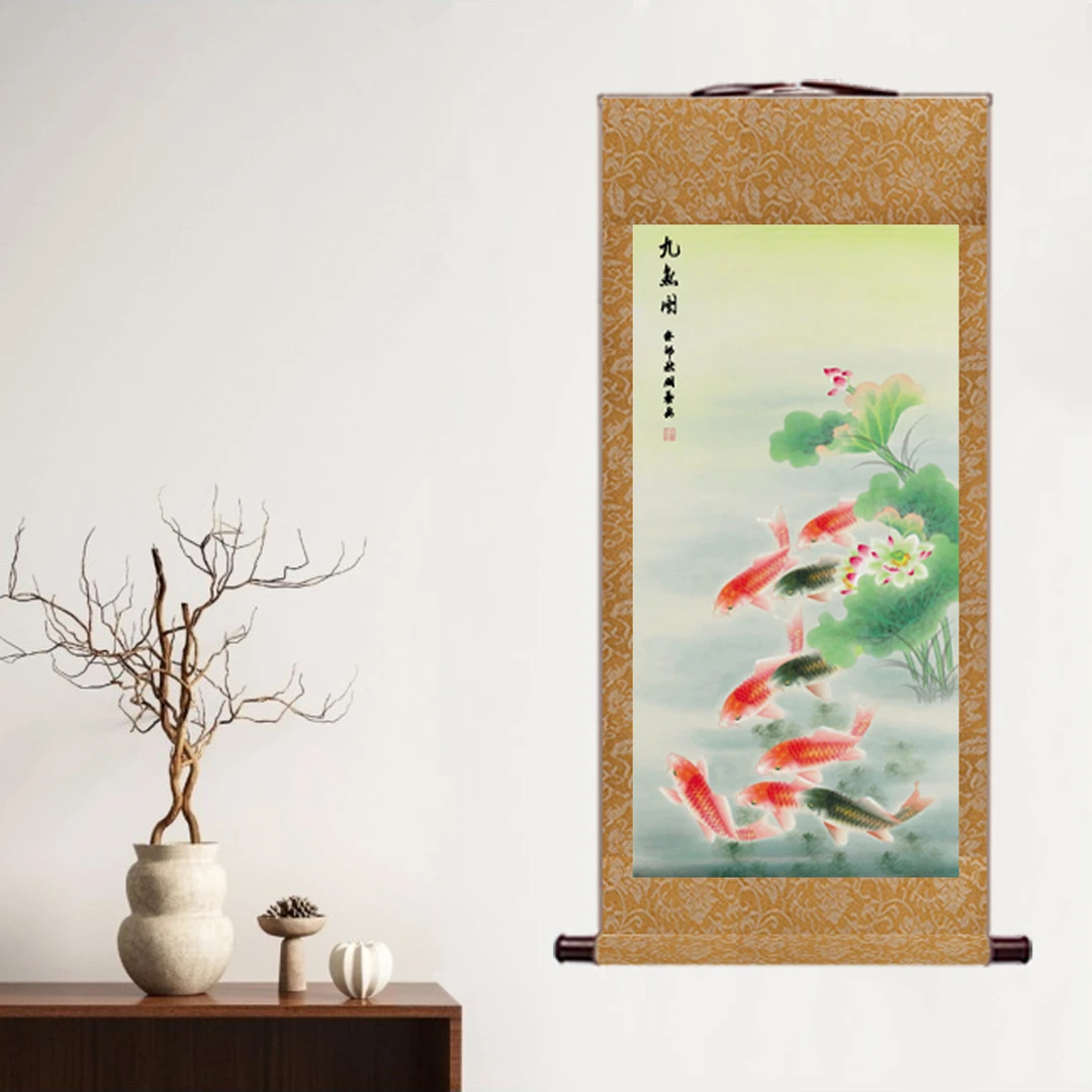 A《九鱼图》书房茶室玄关中式挂画文化创意画