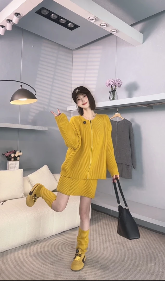 【三件套】小个子穿搭套春秋新款时尚宽松软糯毛衣开衫半裙女装潮