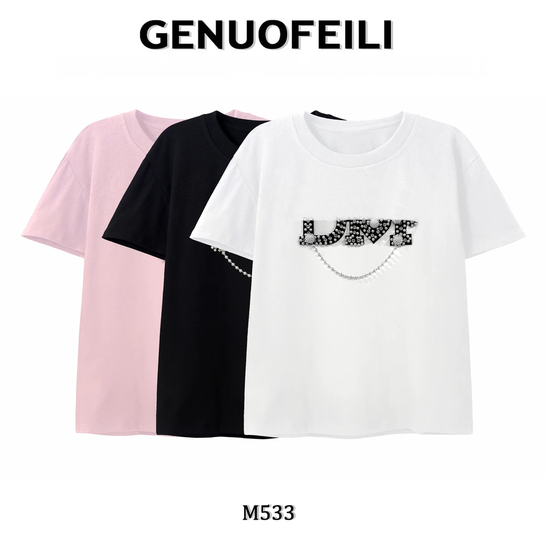 夏季新款时尚轻奢休闲宽松百搭重工钉珠白色纯棉T恤夏装半袖 M533