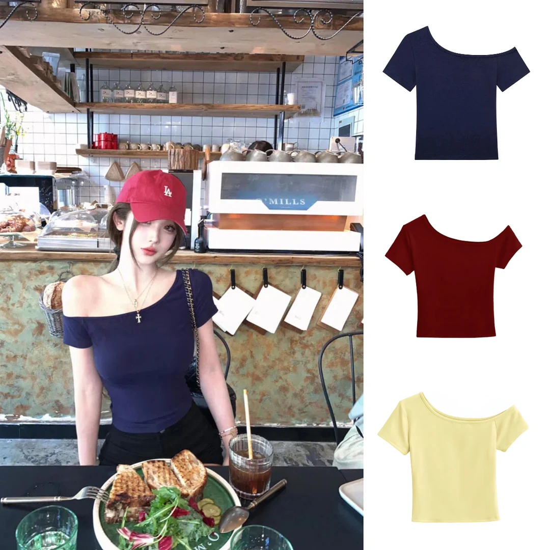 【6-8运补】设计感纯欲露锁骨斜肩短袖t恤女修身显瘦辣妹上衣