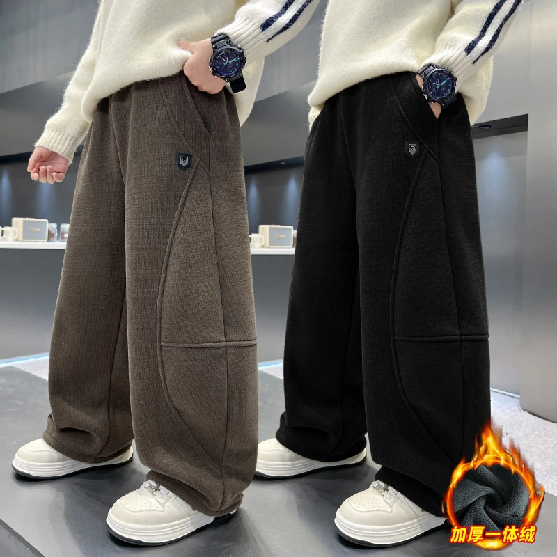 儿童装男童冬装加绒裤子2026新款大童秋冬款男孩冬季一体绒直筒裤