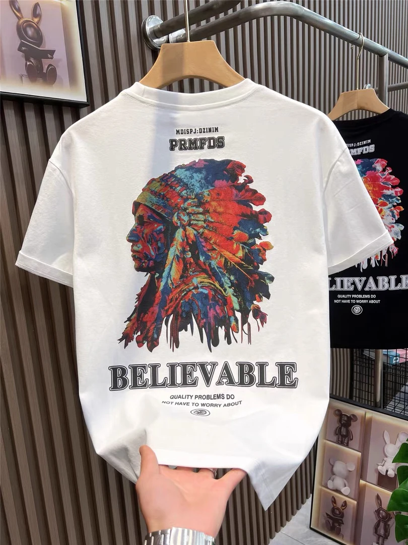 2025春夏新款美式潮牌印花短袖男士纯棉T恤ins宽松百搭休闲上衣潮