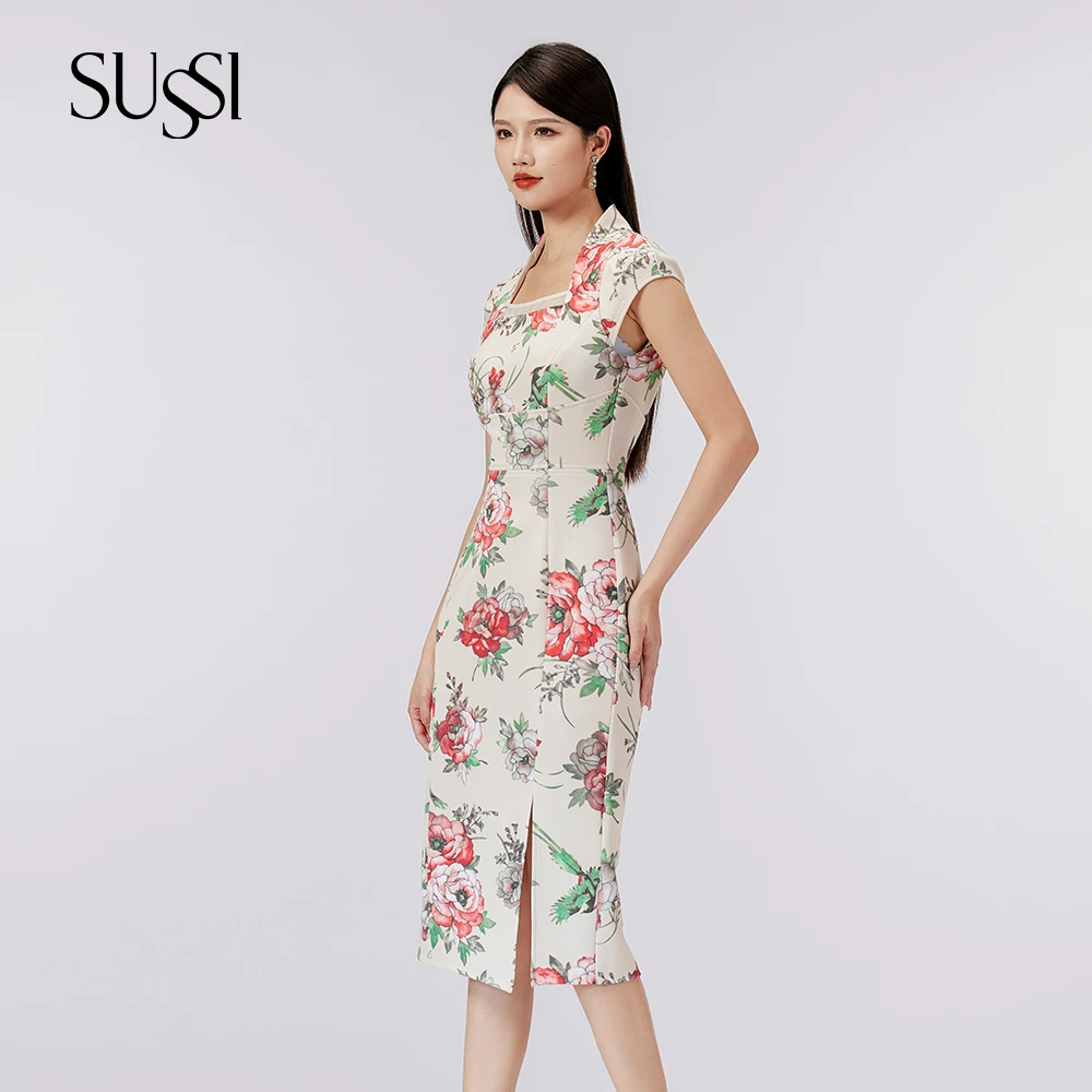 SUSSI古色丨“牡丹”方领包肩袖前开衩印花连衣裙碎花气质夏季复古