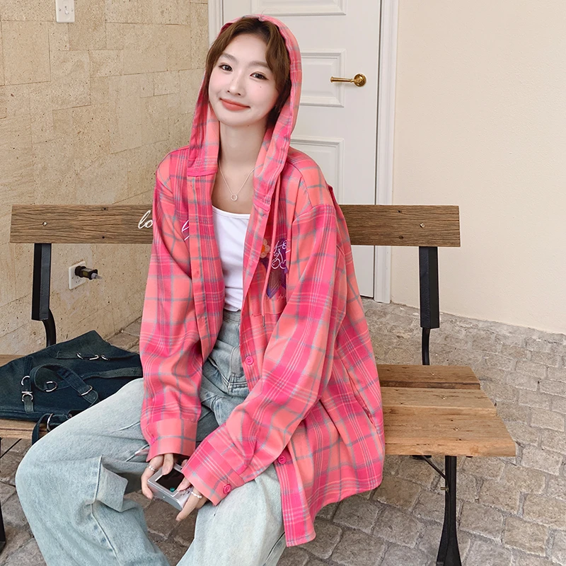 粉色格纹设计感连帽衬衫外套女2025春季小个子超好看洋气时尚上衣