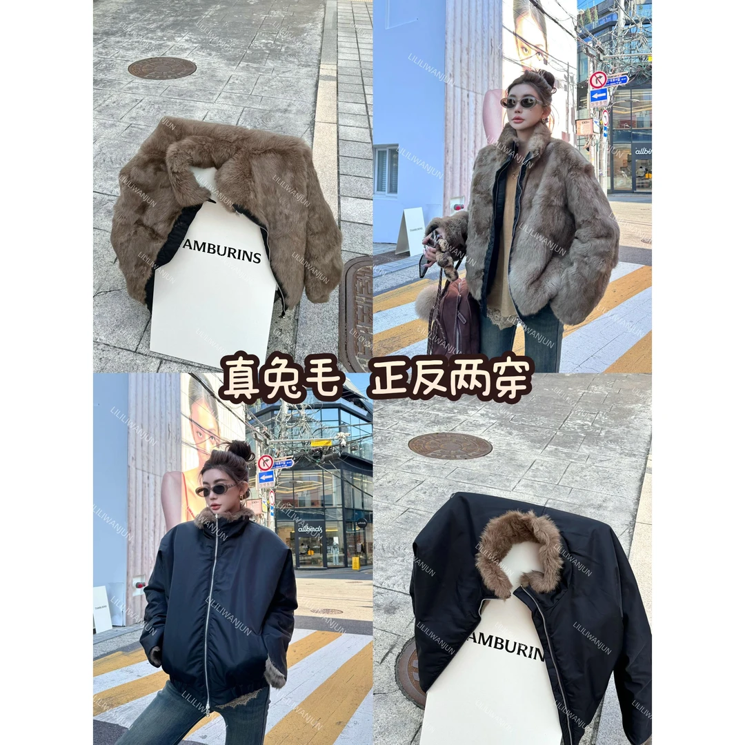 婉君【双面可穿】红人上新 秋冬立领兔毛皮短外套LWJ24D4C2403