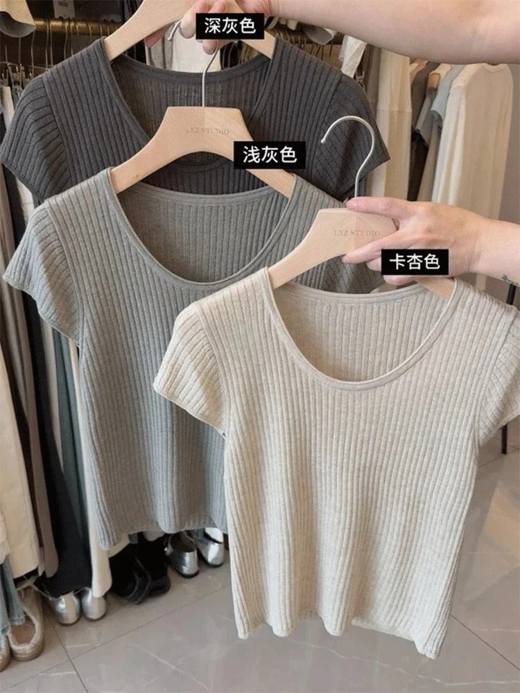 纯色t恤小个子夏季新款简约百搭冰丝小香风镂空短袖上衣短袖显瘦