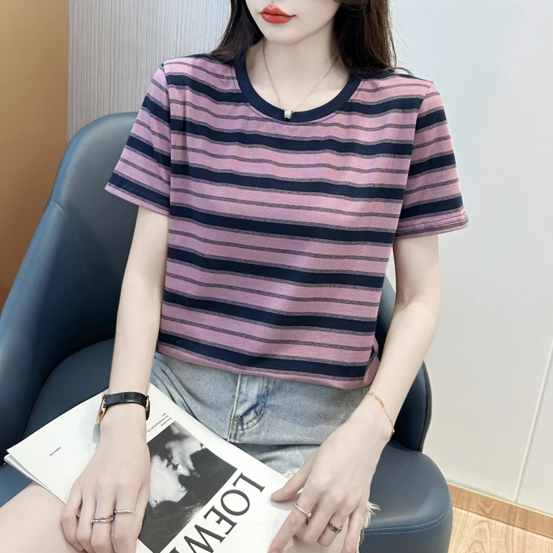 圆领常规短袖宽松条纹女T恤半袖大码休闲肯豆风百搭显瘦韩版女士