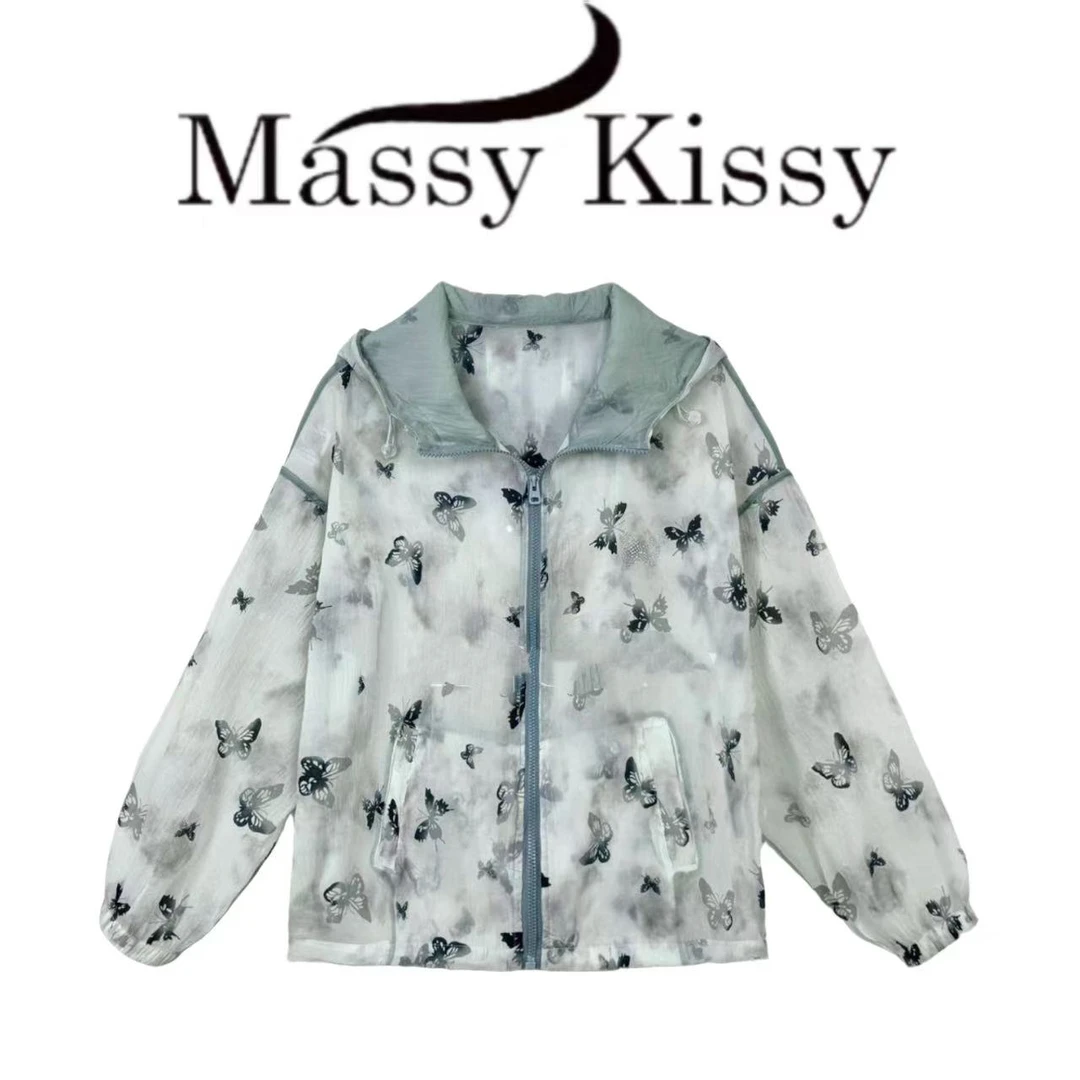 重工蝴蝶印花烫钻连帽宽松时尚百搭透气夏季防晒衣