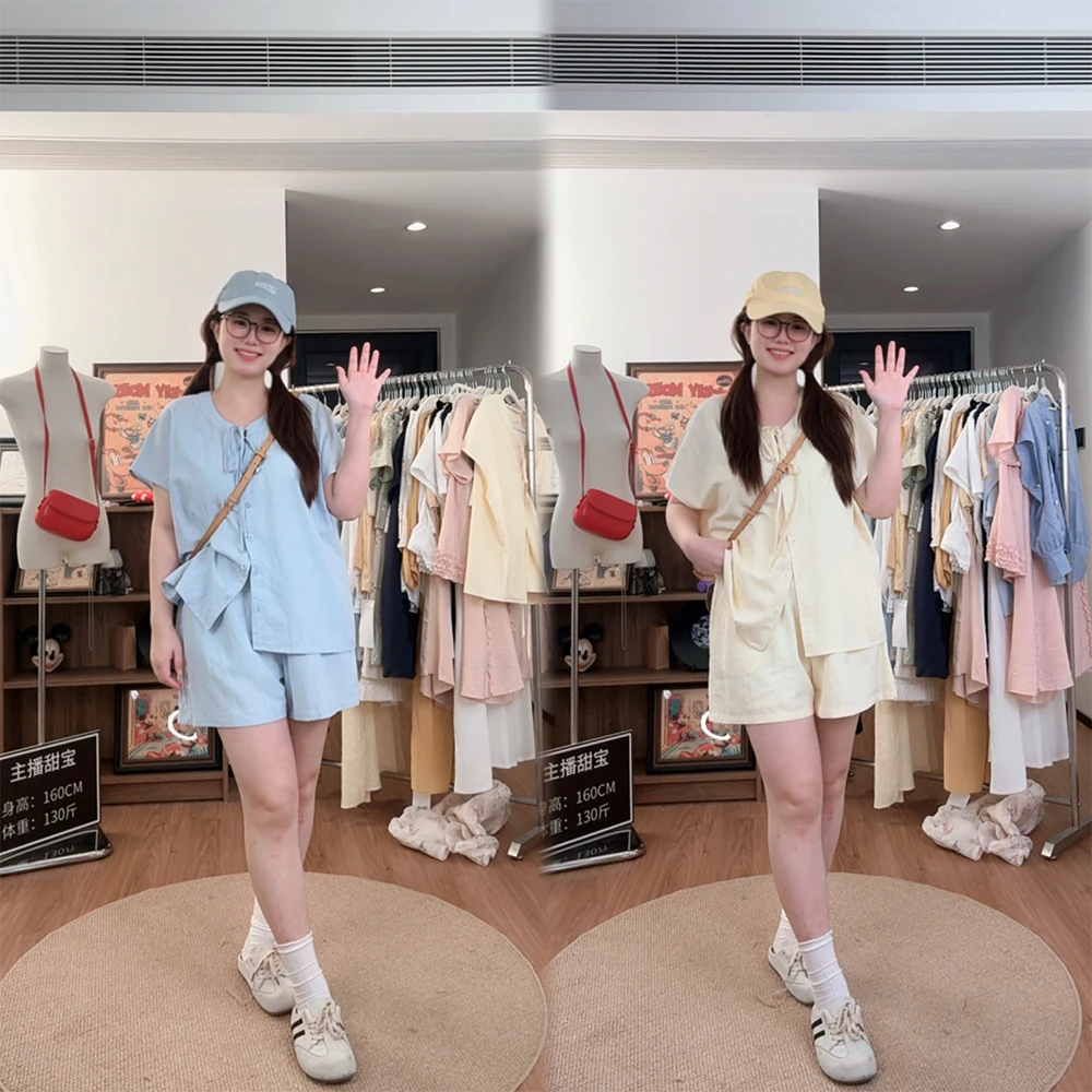 大码女装胖mm甜美短袖衬衫夏季宽松显瘦阔腿短裤两件套装