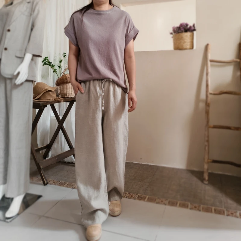 BRCP/布然初品女式汉麻休闲百搭直筒系绳长裤纯色9317-2
