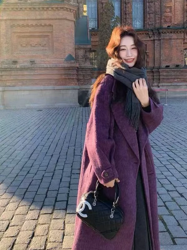 紫色御姐过膝长款呢子大衣300斤秋冬新款韩系休闲大码毛呢外套潮2