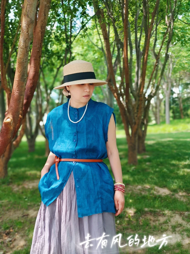 花意潮-5031苎麻背心宝蓝色时尚休闲夏季文艺复古