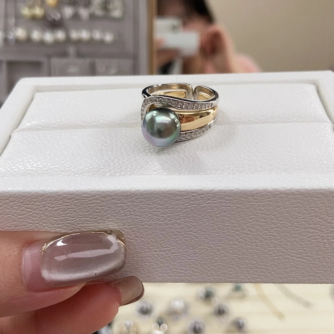 海水珍珠戒圈银S925镶嵌大溪地黑珍珠