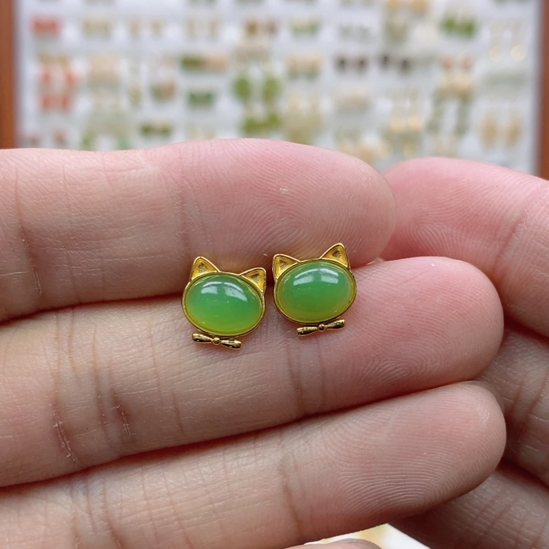 ~***～和田玉银S925镶嵌耳饰