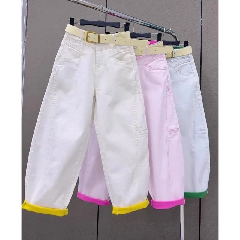彩色弯刀裤春夏新款高腰显瘦牛仔裤子女洋气撞色九分哈伦裤女士裤