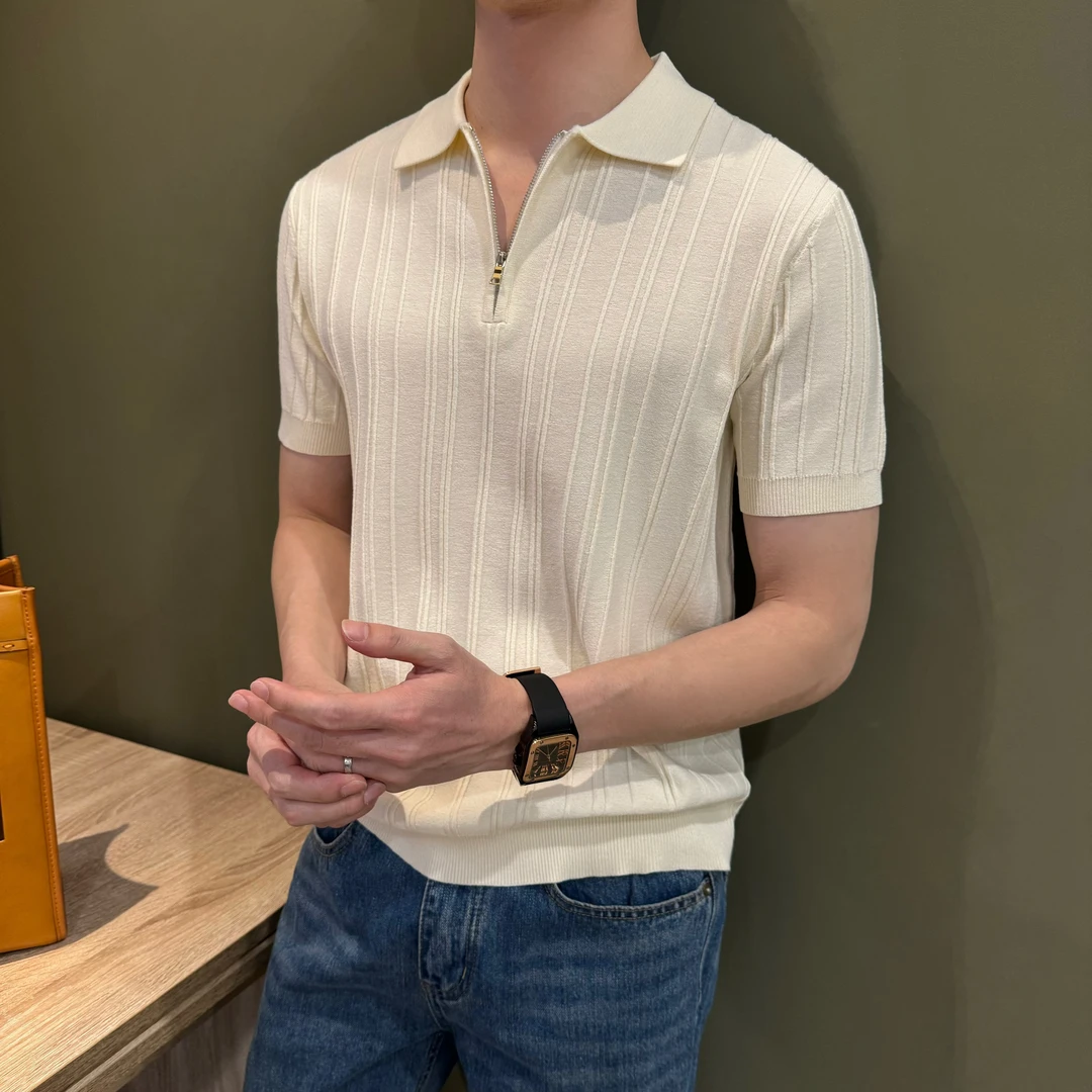 WUSHE物社夏季【轻奢免烫】半拉链男士短袖polo衫时尚翻领纯色针织T