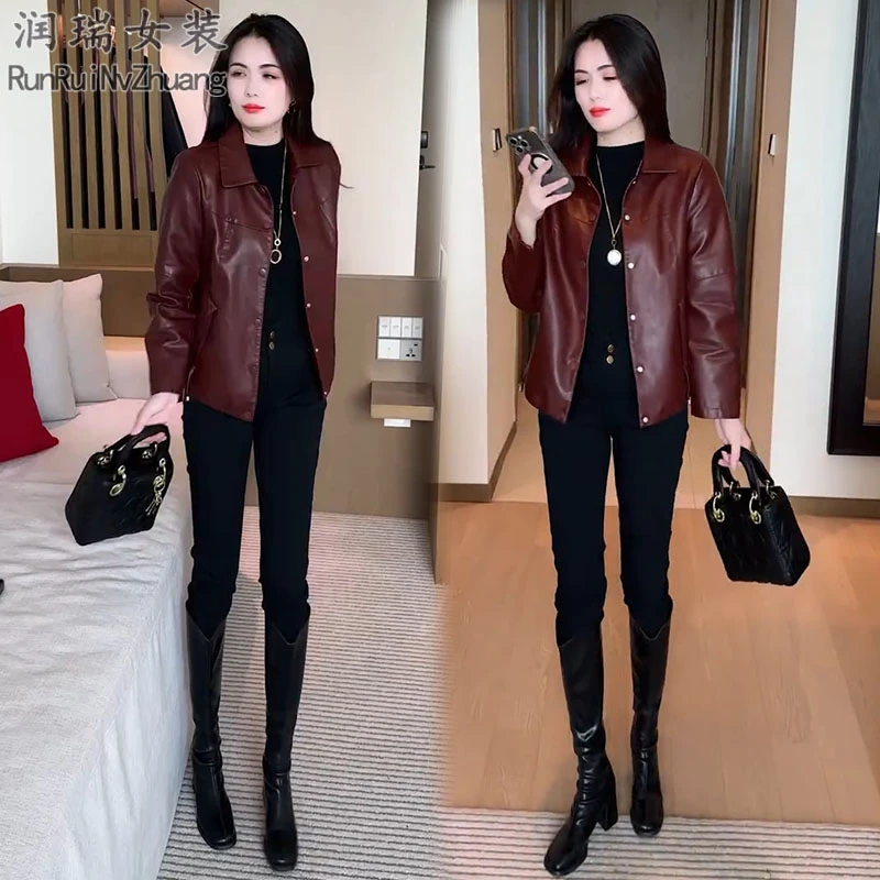 春秋显瘦POLO领百搭皮衣外套女2025秋季新款时尚复古港风PU皮夹克