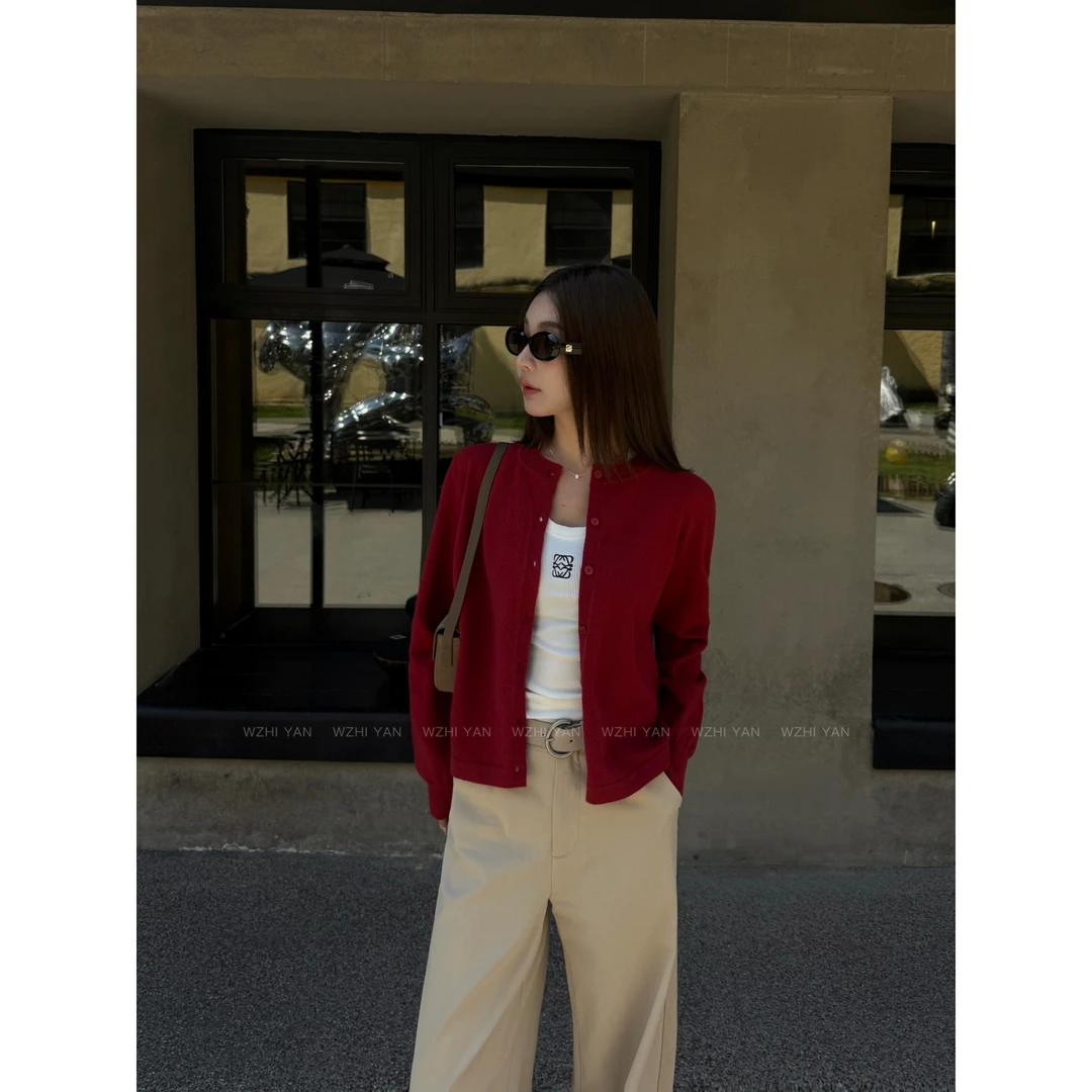 【冷夜玫瑰】“红色开衫”高质量极简圆领舒适针织衫外套21989