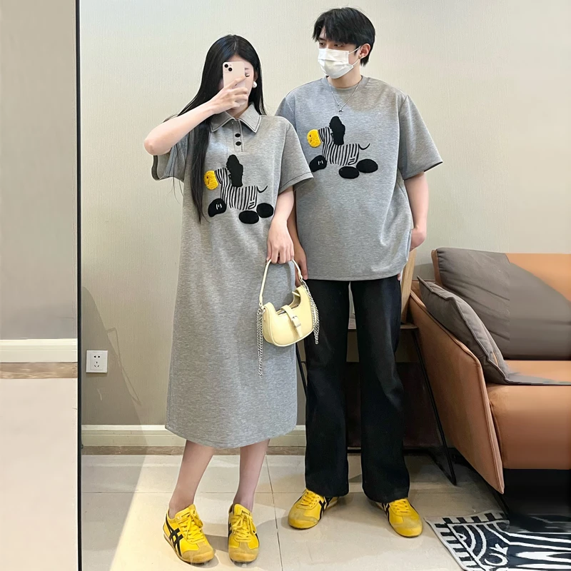 情侣装一裙一衣夏季短袖斑马连衣裙过膝休闲长款韩系慵懒风遮肉裙