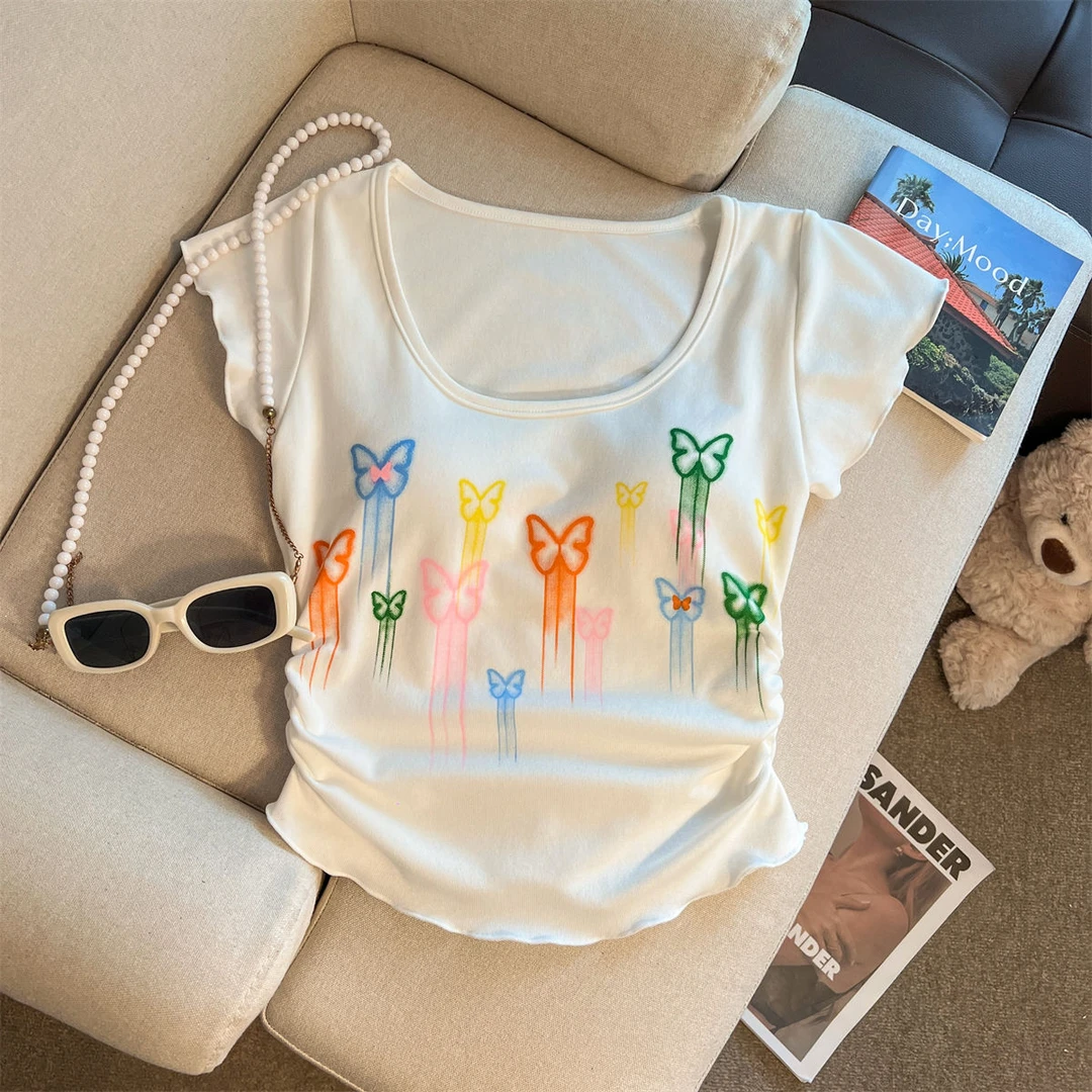 夏季纯欲辣妹性感蝴蝶印花短袖T恤女背心带胸垫内搭修身显瘦上衣