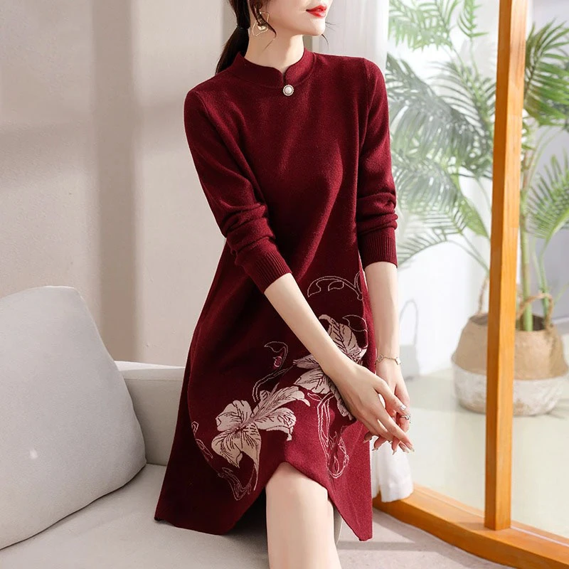 王小鸭喜婆婆婚宴毛衣裙2025秋季新款气质中老年妈妈针织旗袍裙子