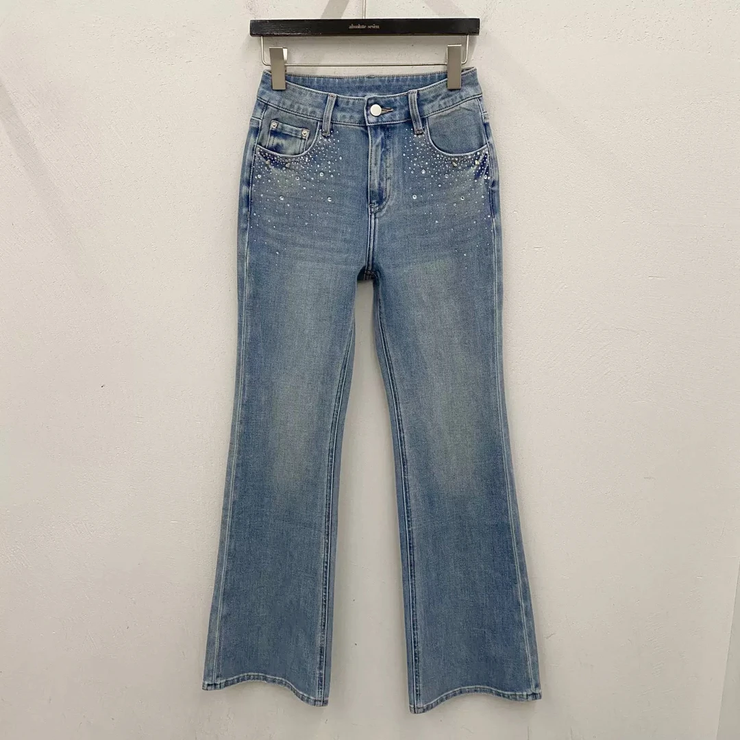 【烫钻微喇】水洗高腰显瘦做旧气质春夏休闲高街牛仔裤女