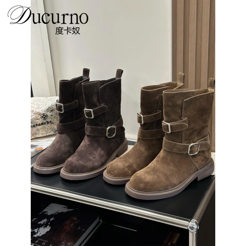 覆古磨砂皮中筒马丁靴女2025新款透气休闲鞋厚底增高机车靴短靴女