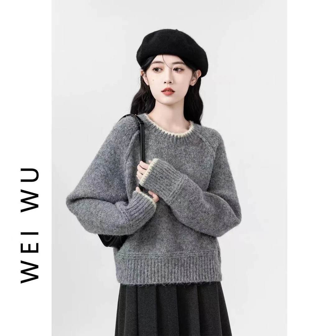 灰色圆领毛衣女秋冬2025新款韩版宽松插肩针织衫内搭打底短款上衣
