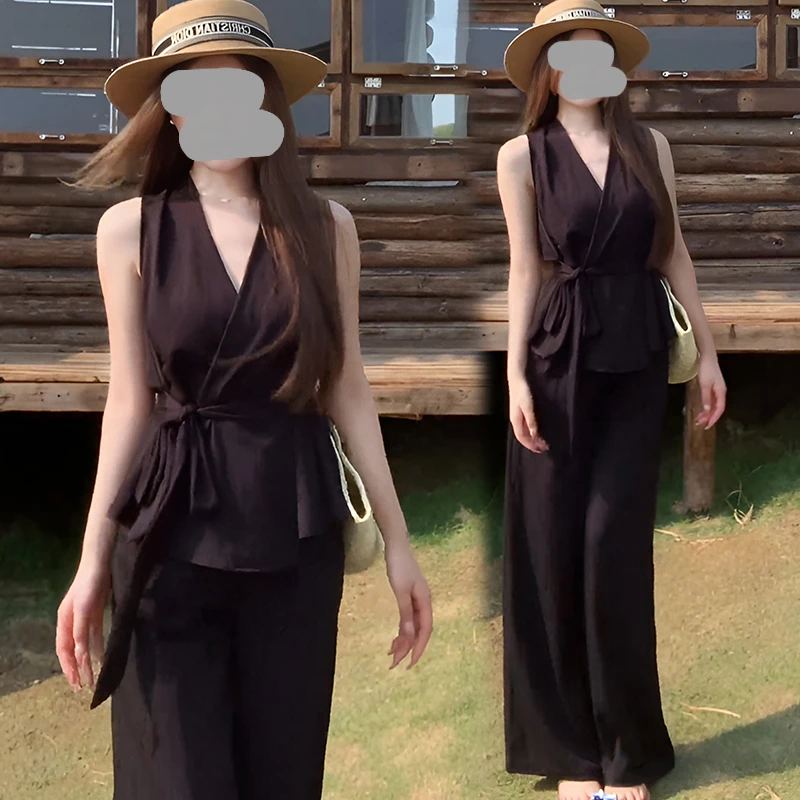 慵懒风韩系V领无袖绑带收腰显瘦上衣套装女2025夏洋气高腰阔腿裤