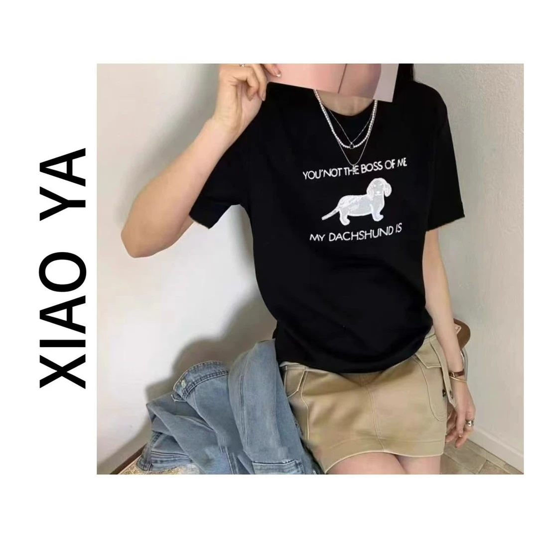 61751夏季新款简约休闲刺绣小狗百搭T恤