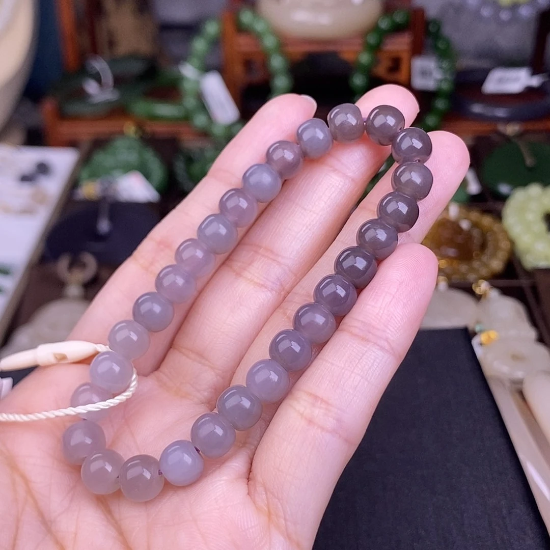 和田玉烟紫脂膏级浓色手链约7 MM未镶嵌