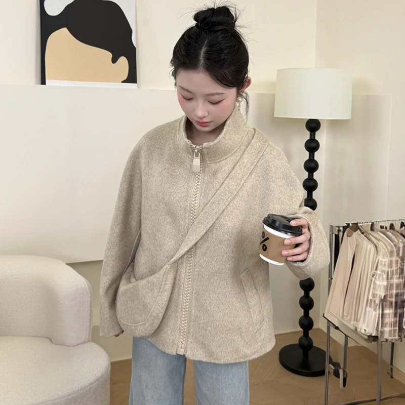 韩版极简风短款翻领双面羊毛大衣女小个子百搭款