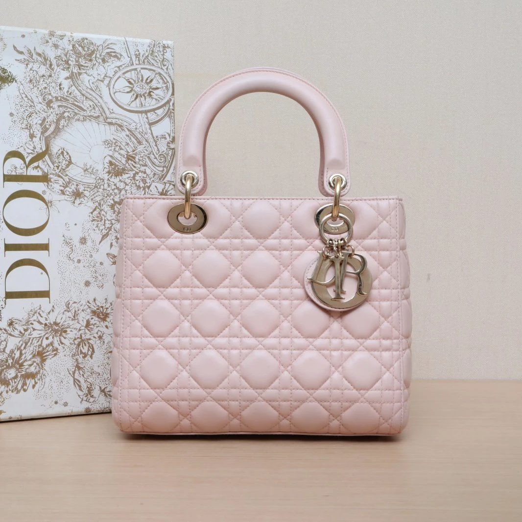 95新 DIOR/迪奥 【黑黑】Lady Dior 戴妃包 五格 粉色 金扣 2012