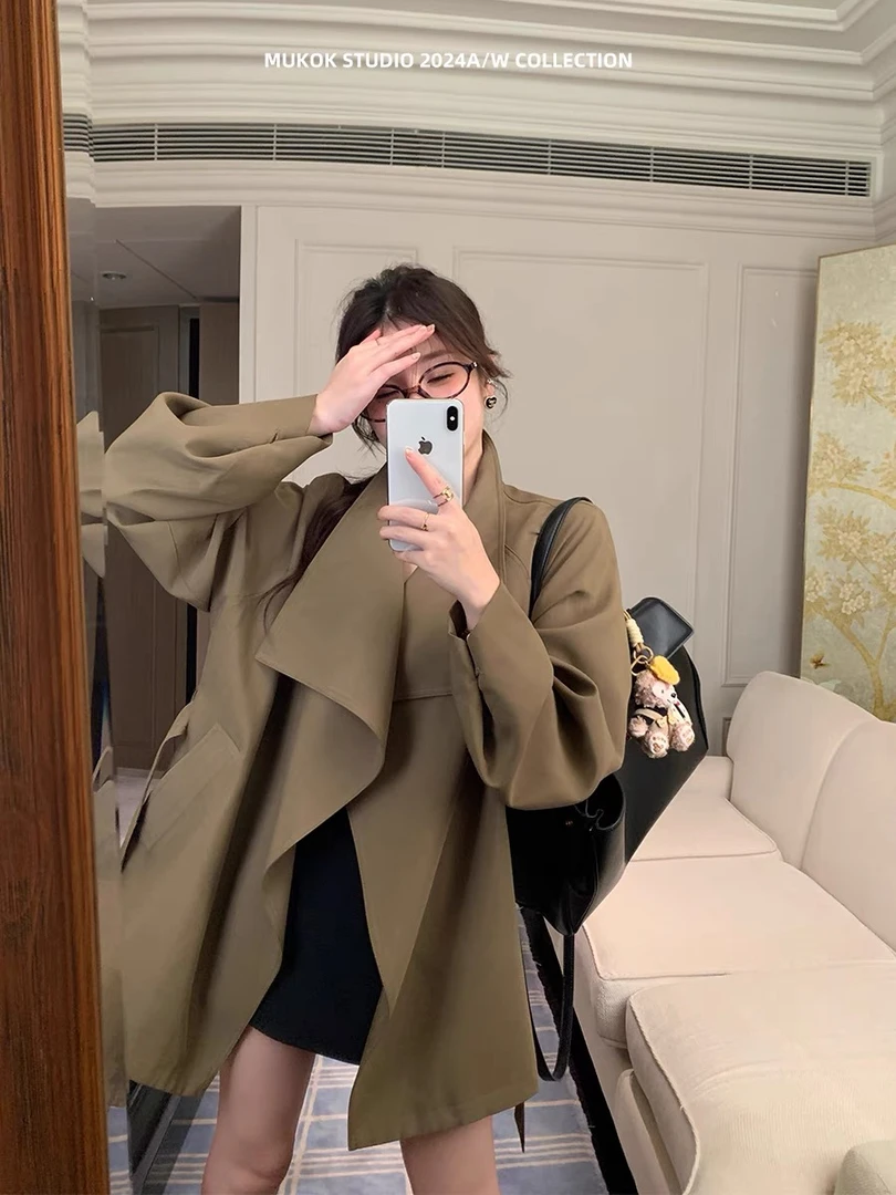 现货【小稳专属】微胖大码法式复古气质收腰立领短风衣外套5012