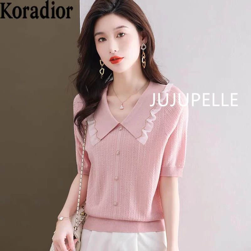 娃娃领蕾丝边2025春夏款洋气百搭针织衫女士宽松打底上衣套头毛衣