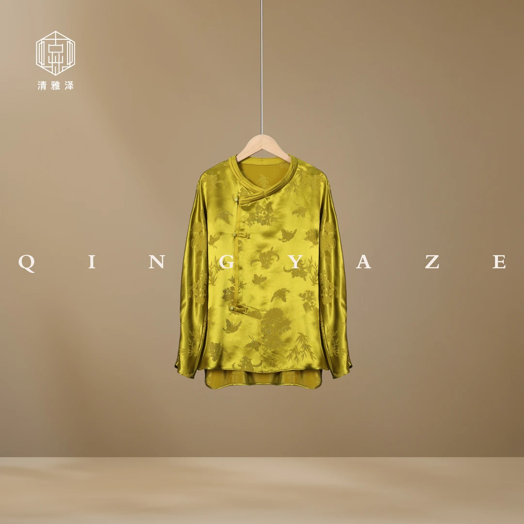 浮光跃金秋香绿！桑蚕丝冠乐绉新中式衬衫上衣！GZ5326