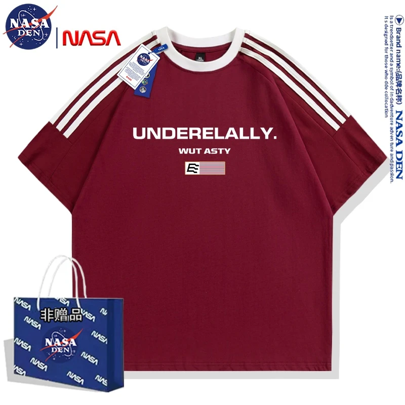 NASA联名百搭潮流印花重磅纯棉T恤三条杠男女款时尚慵懒短袖夏季
