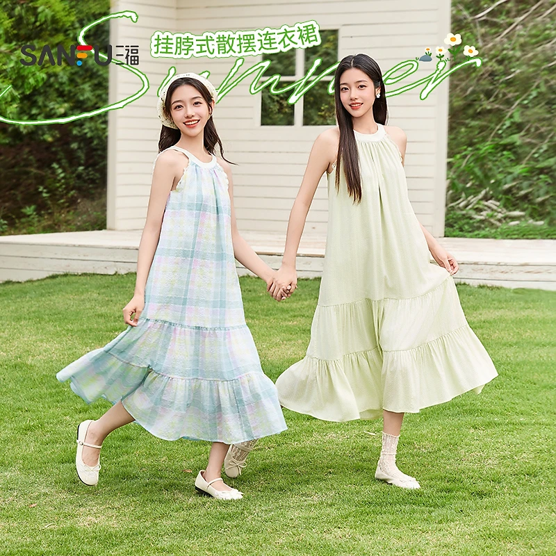 三福 温柔度假连衣裙夏撞色领花边袖挂脖收腰散摆长裙女装498990