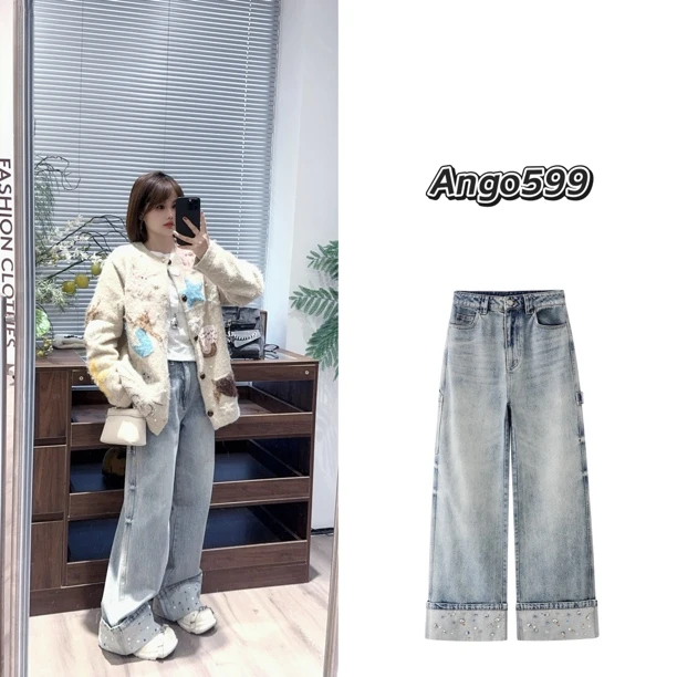 走花路* 小众设计感复古脚口钻饰高腰宽松直筒卷边牛仔裤