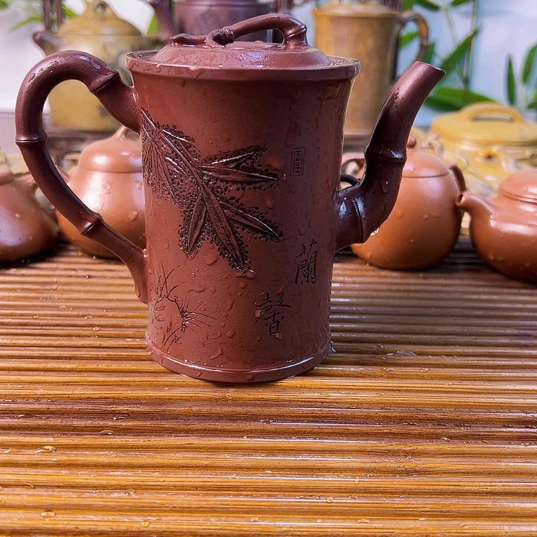 紫砂茶壶竹节壶龙血沙300cc