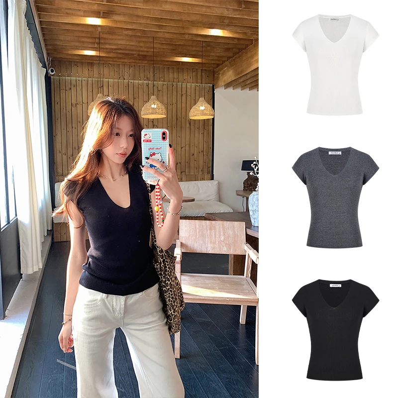 Moses Queen/魔西女王气质正肩V领小飞袖针织上衣修身显瘦背心T恤