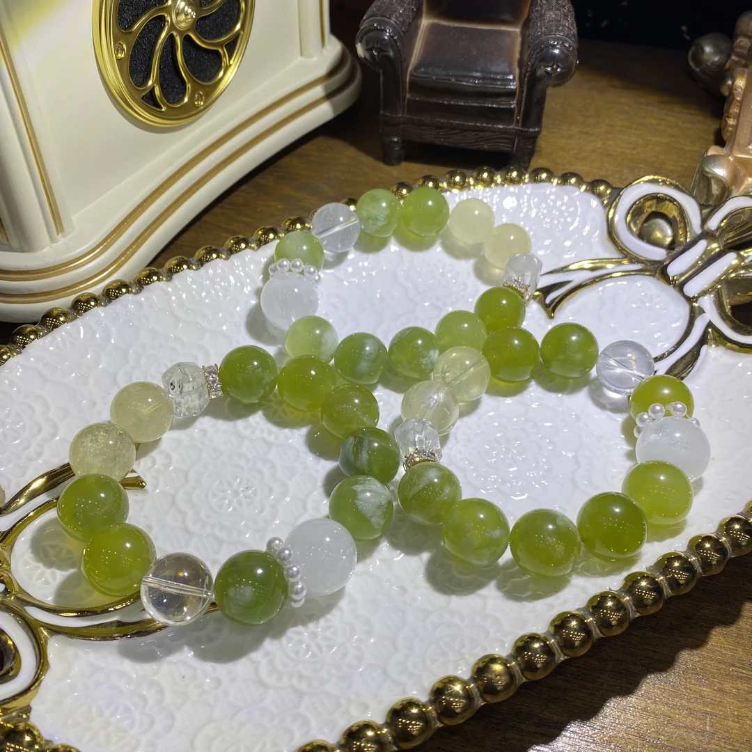 V378-天然老矿料黄水晶手串搭配青提奶盖手串设计款-多样性发其一