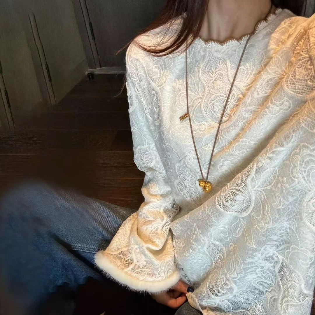 新中式国风圆领复古绣花蕾丝花边加女秋冬内搭气质上衣----2033