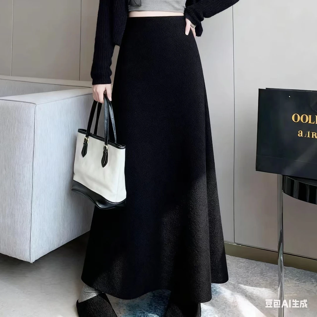 不起球高品质 加厚2025秋冬糯米绒A摆半身裙垂感毛呢长裙子小黑裙